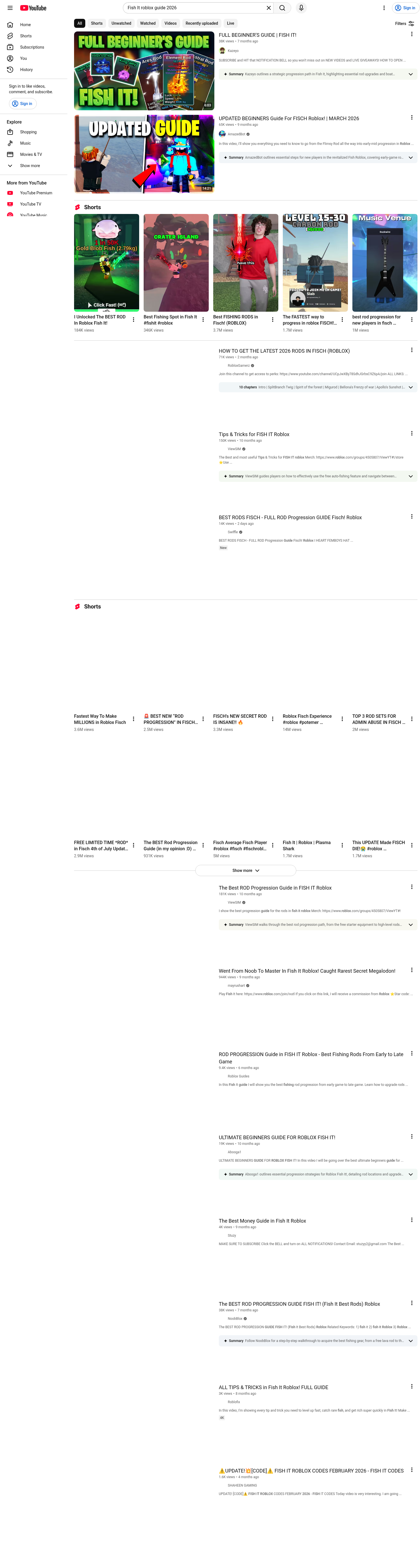 YouTube search results for Fish It guides (screenshot 2026-07-14)